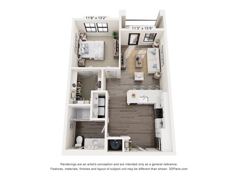 Floor plan for 1 bed, 1 bath, 732 sqft